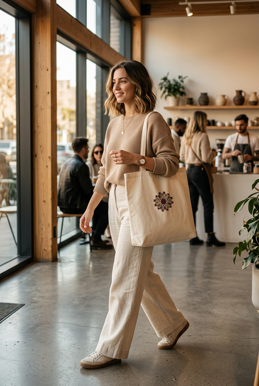 woman carrying the Embroidered Damascus Tote Bag over her shoulder in an urban setting